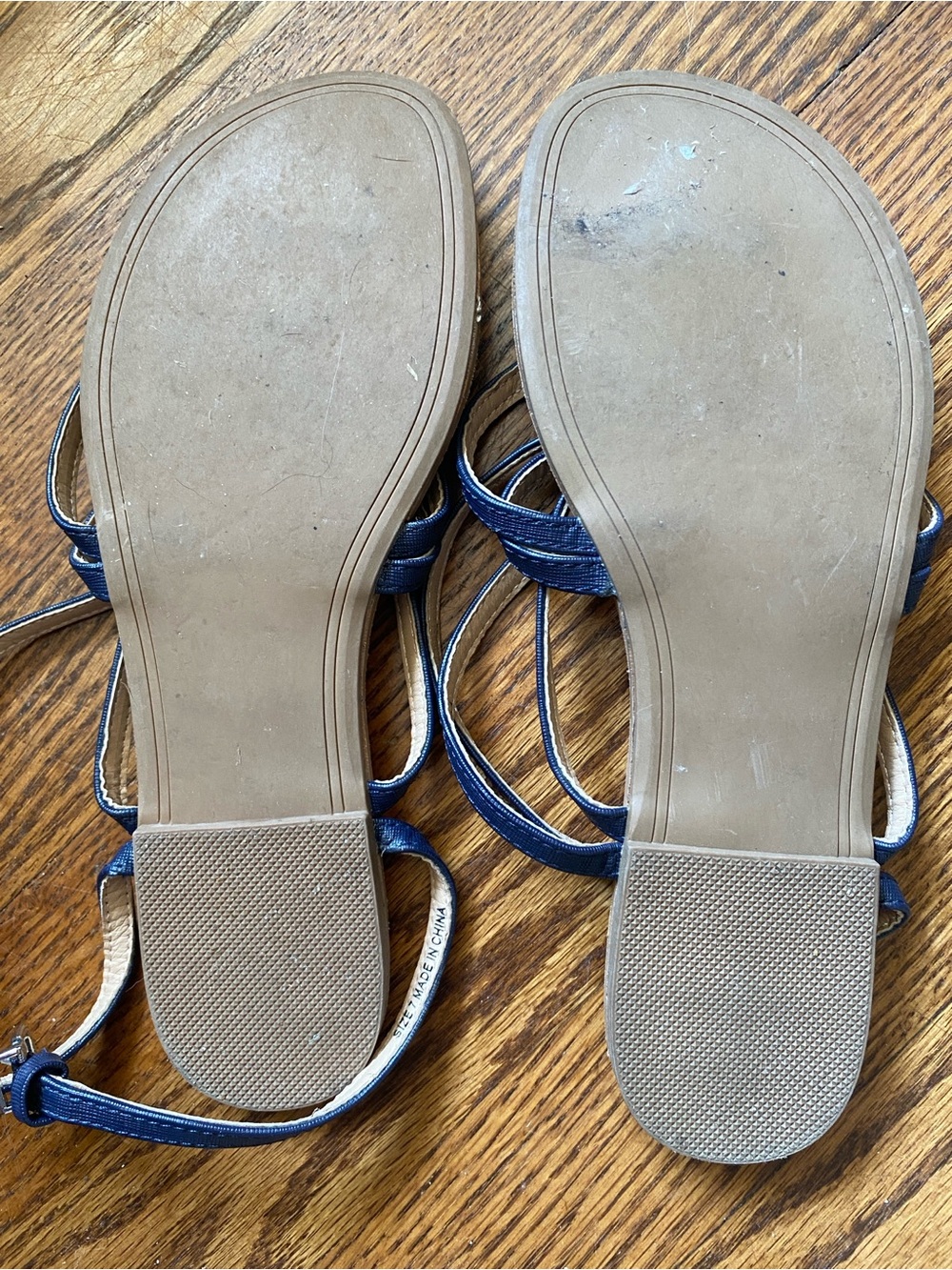 New York & Company Blue Strappy Ankle Wrap Sandals with Tan Footbed - Picture 5 of 6